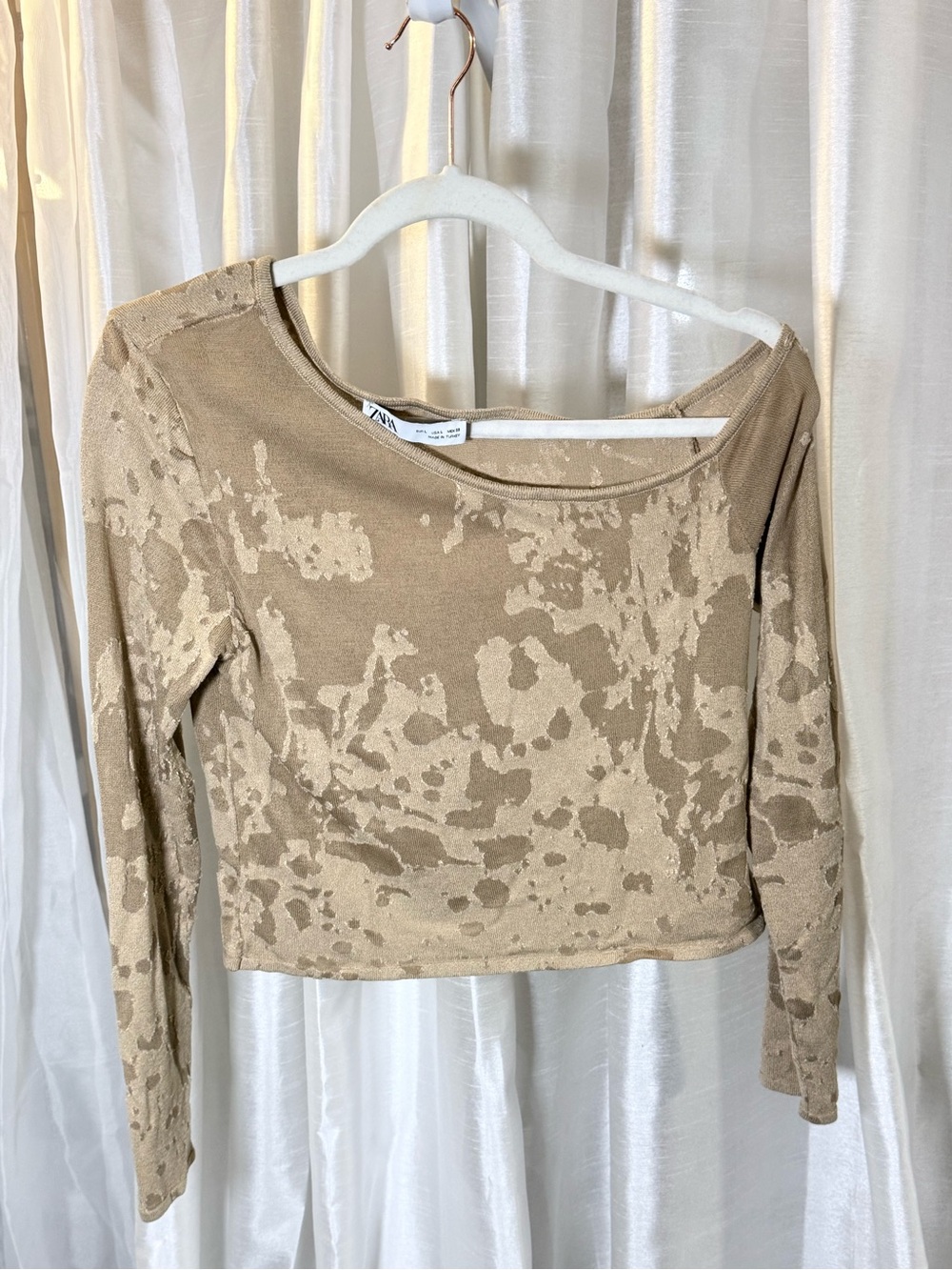 Zara Beige Taupe Patterned Long-Sleeve Crop Top